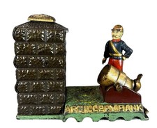1910s CAST IRON MECHANICAL BANK ARTILLERY BANK IN UNION ARMY PAINT By STEVENS