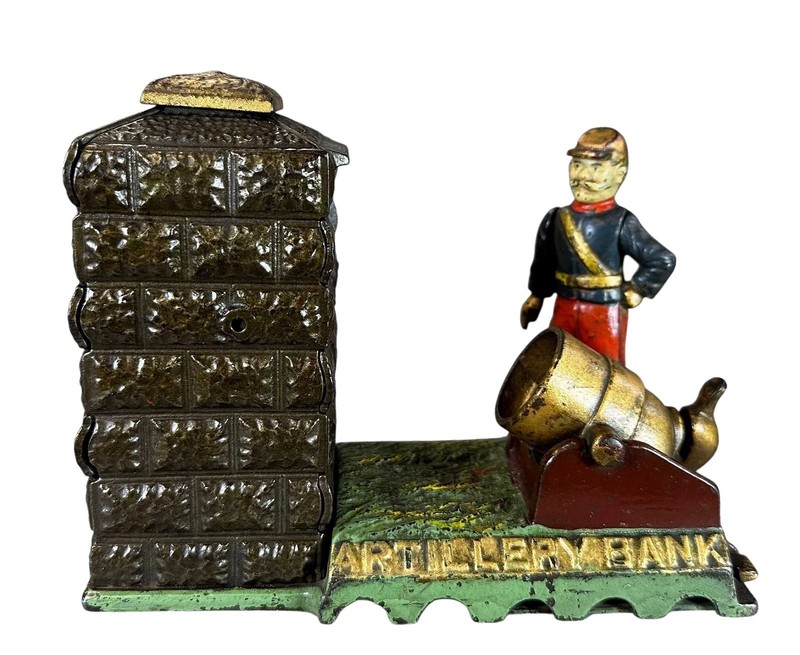 1910s CAST IRON MECHANICAL BANK ARTILLERY BANK IN UNION ARMY PAINT By STEVENS