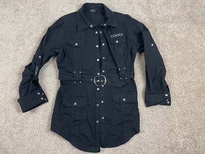 Coogi Jacket Womens XL Stretch Snap Collared Roll Tab Belted Pockets Black