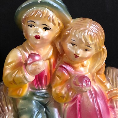 Chalkware Plaster Book End Figurine Plaster Luminescent Paint Boy Girl Dog 