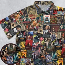 Vintage Horror Pattern Button Down Shirt, Summer Hawaiian Shirt, Size S-5XL