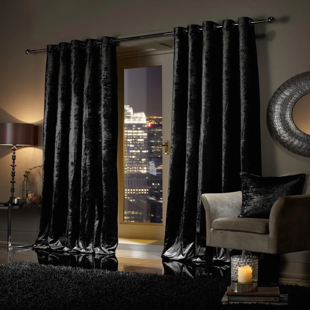 BLACK Plush Crushed Velour Faux Velvet Pencil Pleat Eyelet Ring Top Curtains