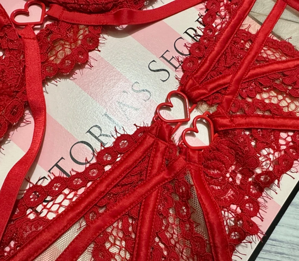 VS by FOR LOVE & LEMONS Rose Lace Heart Underwire Bra Garter Thong Set - Image 4 of 4