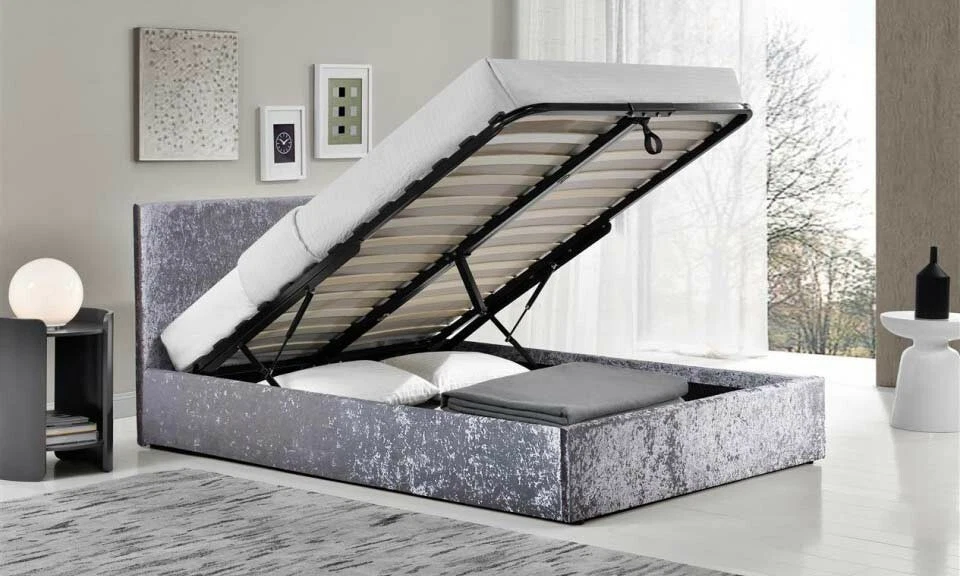 OTTOMAN STORAGE GAS LIFT UP BED 3FT, 4FT, 4FT6 & 5FT GREY FABRIC & SILVER VELVET