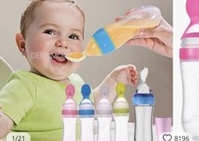 Baby Silicone Squeeze Feeding Bottle W/Spoon Food Rice Cereal Feeder Tableware