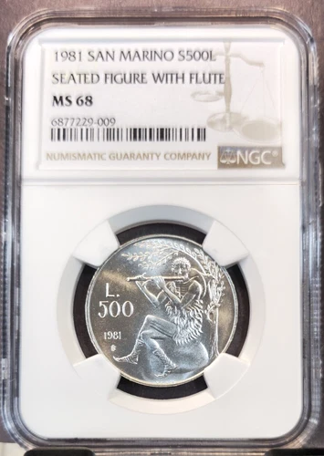 1981 SAN MARINO SILVER 500 LIRE SEATED FIGURE PLAYING FLUTE NGC MS 68 SCARCE GEM