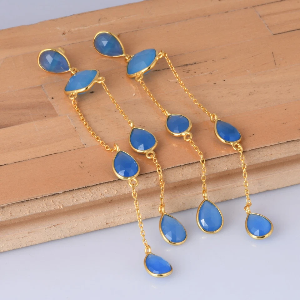 Long Chain Earrings Yellow Gold Plated Blue Chalcedony Gemstone Dangle Earring - Image 2 of 4