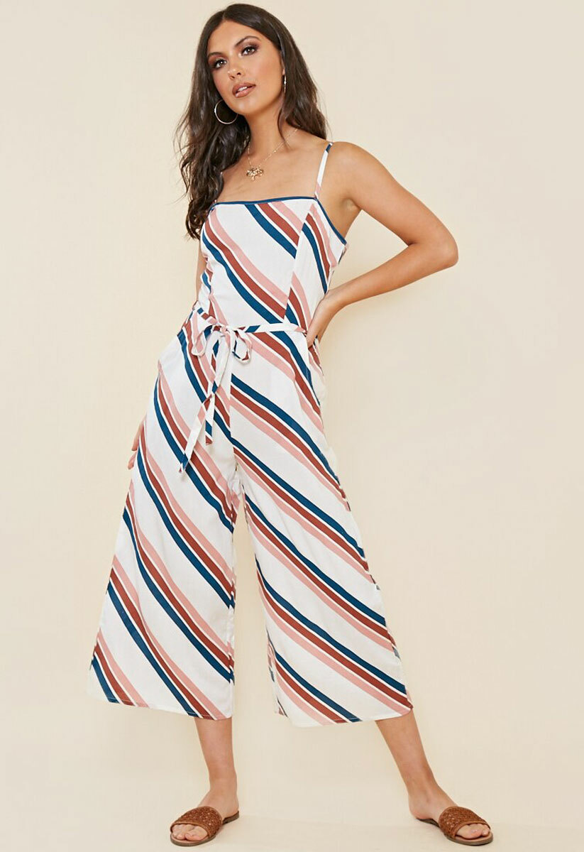 Womens Chevron Stripe Strappy Culotte Tie Waist Holiday Jumpsuit