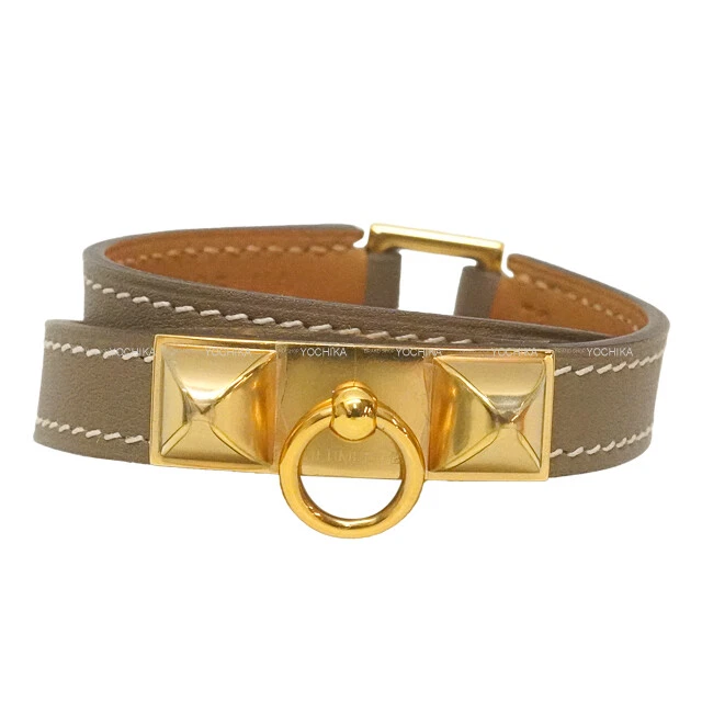 HERMÈS Bracciale HERMES Rival mini Double Tour Etoupe Veau Swift #T2 Oro HW [ECCELLENTE...
