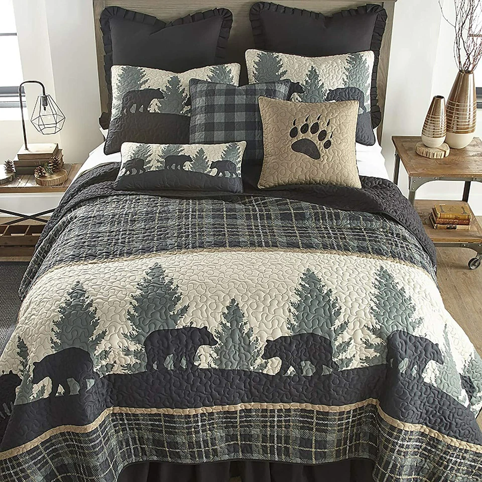 TWIN Rustic Bear Plaid Country Lodge Farmhouse Bedding Quilt One Sham - Image 4 of 4