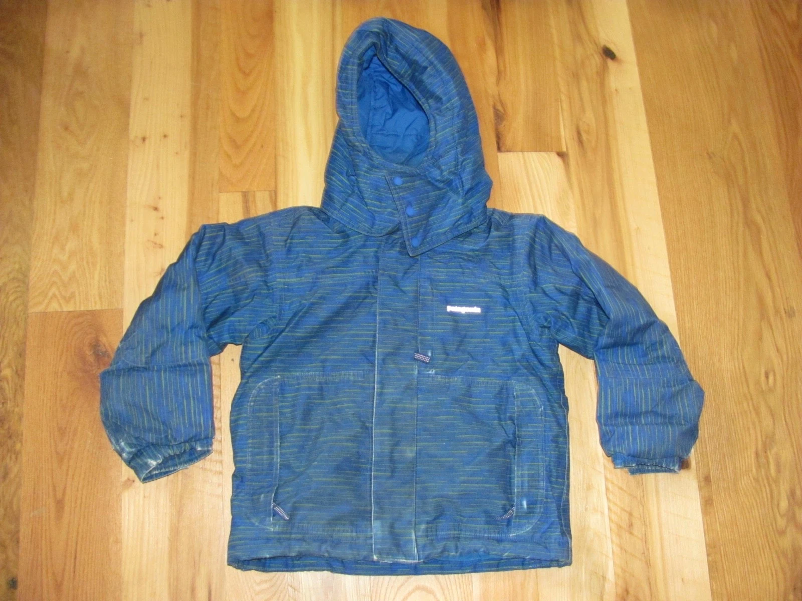 Patagonia Blue Striped Insulated Winter Snow Ski Jacket Hood Boys Small (5-6)
