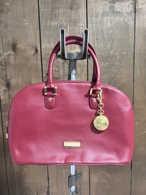 Joy & Iman Red Satchel Purse Zipper Top Pebble Split Leather Clock