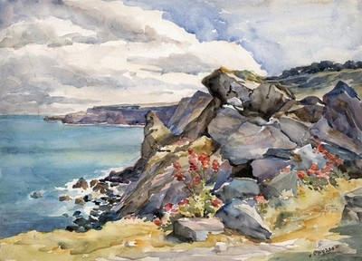 Aquarell Gemälde - H V Hudson - Englische Küste - 20. Jahrhundert - Landschaft