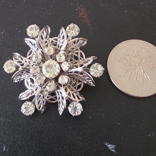 Flower Shaped Silver-Tone Metal Brooch Pin w/ Clear Round Rhinestones
