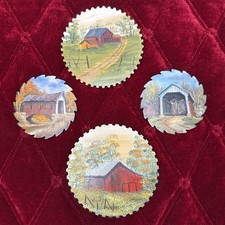  4 Vintage Hand Painted Circular Home Decor / Magnet Saw Blade Signed By Artist