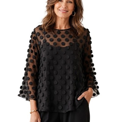 Ali Miles 3D Polka Dot Tunic Womens Large Black Lagenlook Funky Whimsy Artsy Top