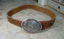 VINTAGE SUNBELT 1450 HAND TOOLED HAND PAINTED STEERHIDE WESTERN BELT  BUCKLE