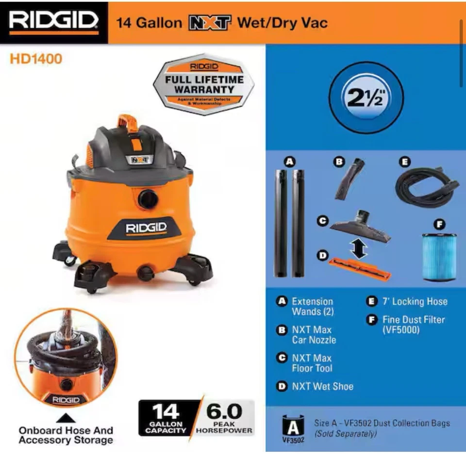 Ridgid 14 Gallon 6.0 Peak HP NXT Shop Vacuum Wet Dry Vac with Fine Dust Filter - Image 2 of 4