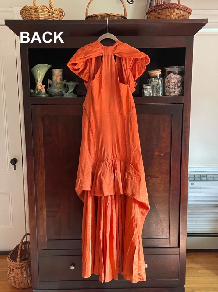 Vestido de Noche Halter Corte Sesgado Tafetán Naranja Moire Años 30 Largo Completo Hecho a Mano Foto 2 de 4