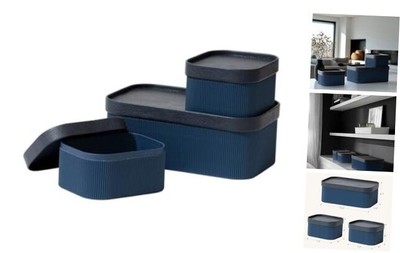  Fluted Cardboard Storage Baskets with Vegan Leather Lids, Navy Blue Paper
