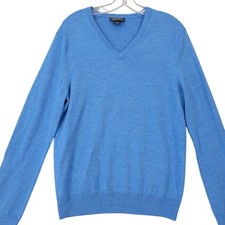 Express Blue Sweater 100 Wool Knit Preppy Solid V-Neck Long Sleeves Mens Size M