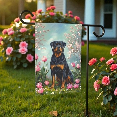 Rottweiler in the Tulips Spring Garden Flag  Dog Flower House Banner
