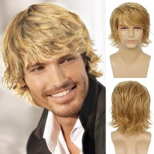 Mens Blonde Wig Short Layered Natural Fluffy Wig Synthetic Heat Resistant Hal...