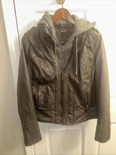 J2 Faux Leather Jacket Detachable Hood Fleece Arms Lined Gray XL