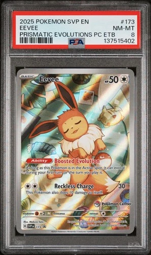 2025 POKEMON PRISMATIC EVOLUTIONS POKEMON CENTER ETB PROMO #173 EEVEE PSA 8