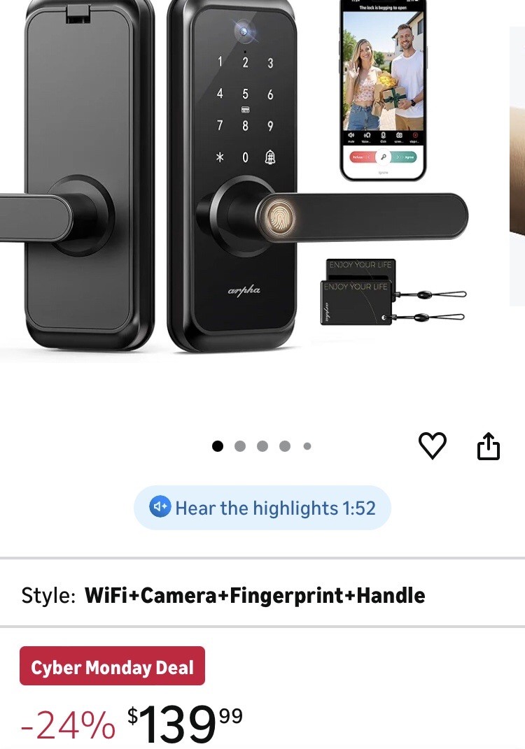 ARPHA Smart Video Door Lock 6-in-1 Keyless Entry Wi-Fi Deadbolt Handle Doorbell