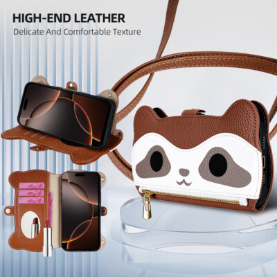 Leather Raccoon Mirror Wallet Phone Case For iPhone 16 17 15 13 12 11 14 Pro 17E