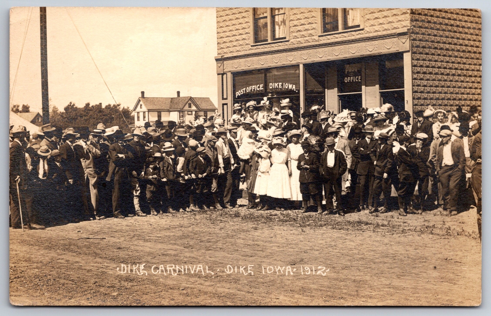 Dike IA Carnival Crowd In Front of Stone Brick Construction US Post