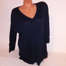 Talbots Sweater Large V Neck Navy Blue Solid 3/4 Sleeve 100 Cotton Pullover New