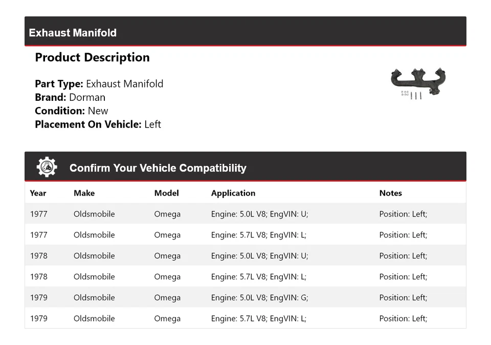 Colector de escape izquierdo 1978 para Oldsmobile Omega Dorman 1977-1979 Foto 2 de 4