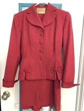VTG Womens 50s 2 PC Raspberry Red Wool Blend Top Skirt Set Dress Suit G2U