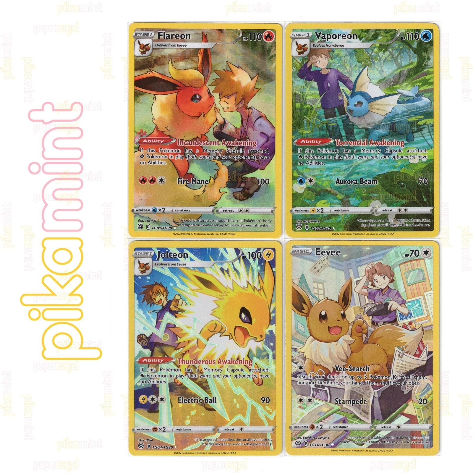 Evolutions Eevee TG11 Flareon TG01 Vaporeon TG02 Jolteon TG04 Full Art Set NM