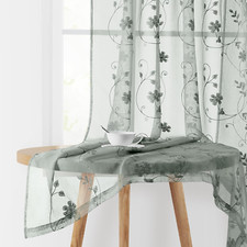 Sage Green Floral Embroidered Sheer Curtains 63" - 2 Panels for Living Room