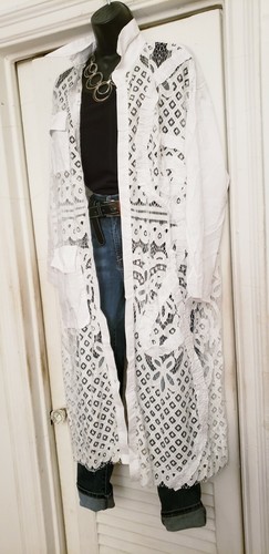 Women's White Lapel Hollow Crochet Long Sleeve Button Down Loose Shirt Dress. OS - 第 9/11 張圖片