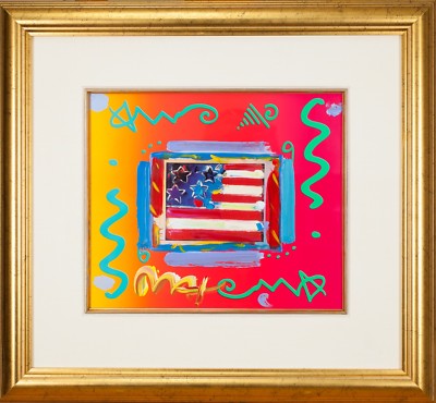 Flagge Mit Herz Von Peter Max Acryl Übermalte Lithografie Signiert Gerahmt