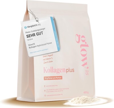 Glow25  Collagen Plus [450g]  - Kollagen Pulver mit Vitamin C, Biotin und Zink