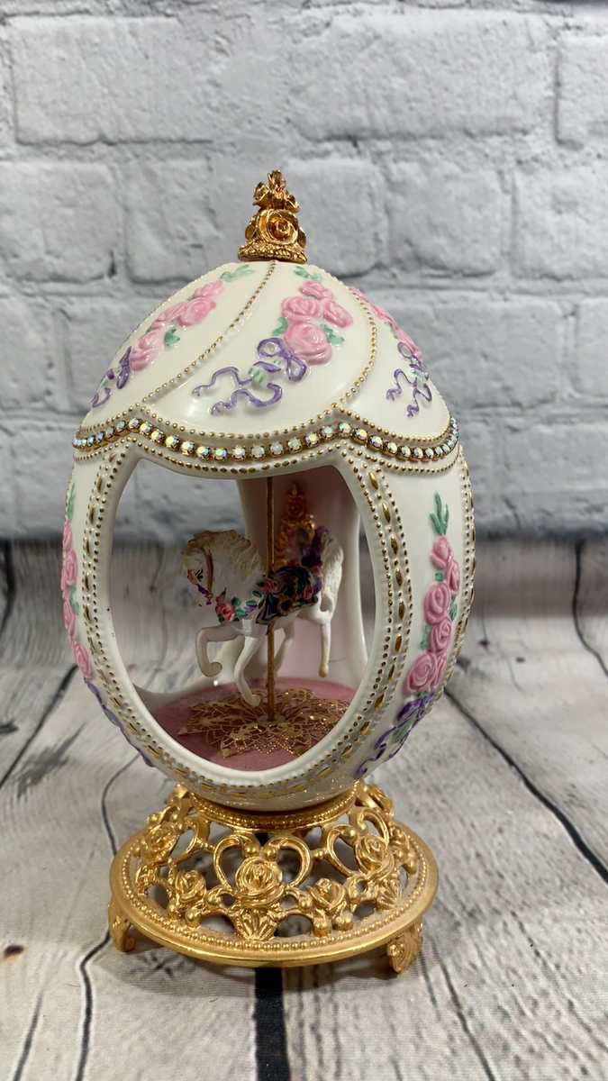 Vintage Franklin Mint Rose Faberge Musical Carousel Horse Egg TFM