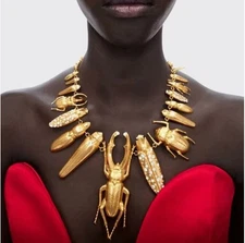 Schiaparelli Retro Diverse Insect Collection Gold Tone Necklace Clavicle Chain