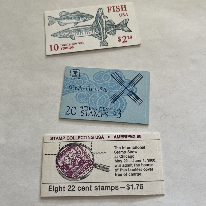 3 USA Stamp booklets, 22cent Fish, 15 Cent Windmills, 22 Cent Ameripex 22 Cent