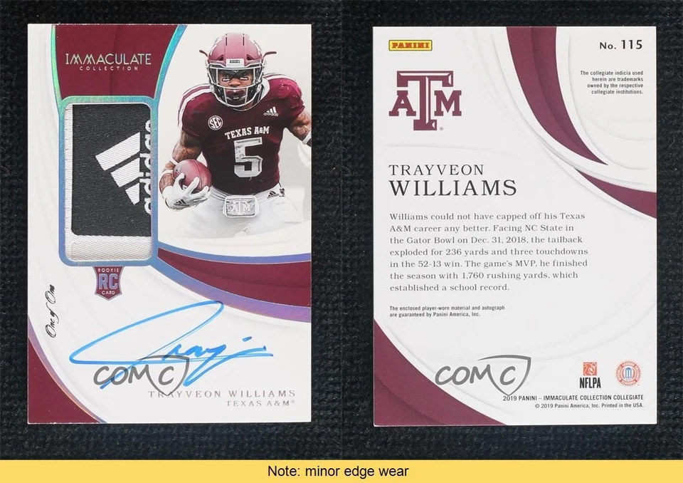 2019 Panini 1/1 Trayveon Williams #115 RPA Rookie Patch Auto Tag RC READ 07o4 - Image 3 of 3