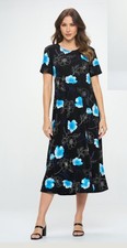 JOSTAR Slinky LONG DRESS Poly Spandex Knit Short Sleeve Black Aqua FLORAL 2X 3X