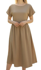 Uniqlo Women Brown Midi Dress Short Sleeve Cotton Casual A-Line Pocket Size S