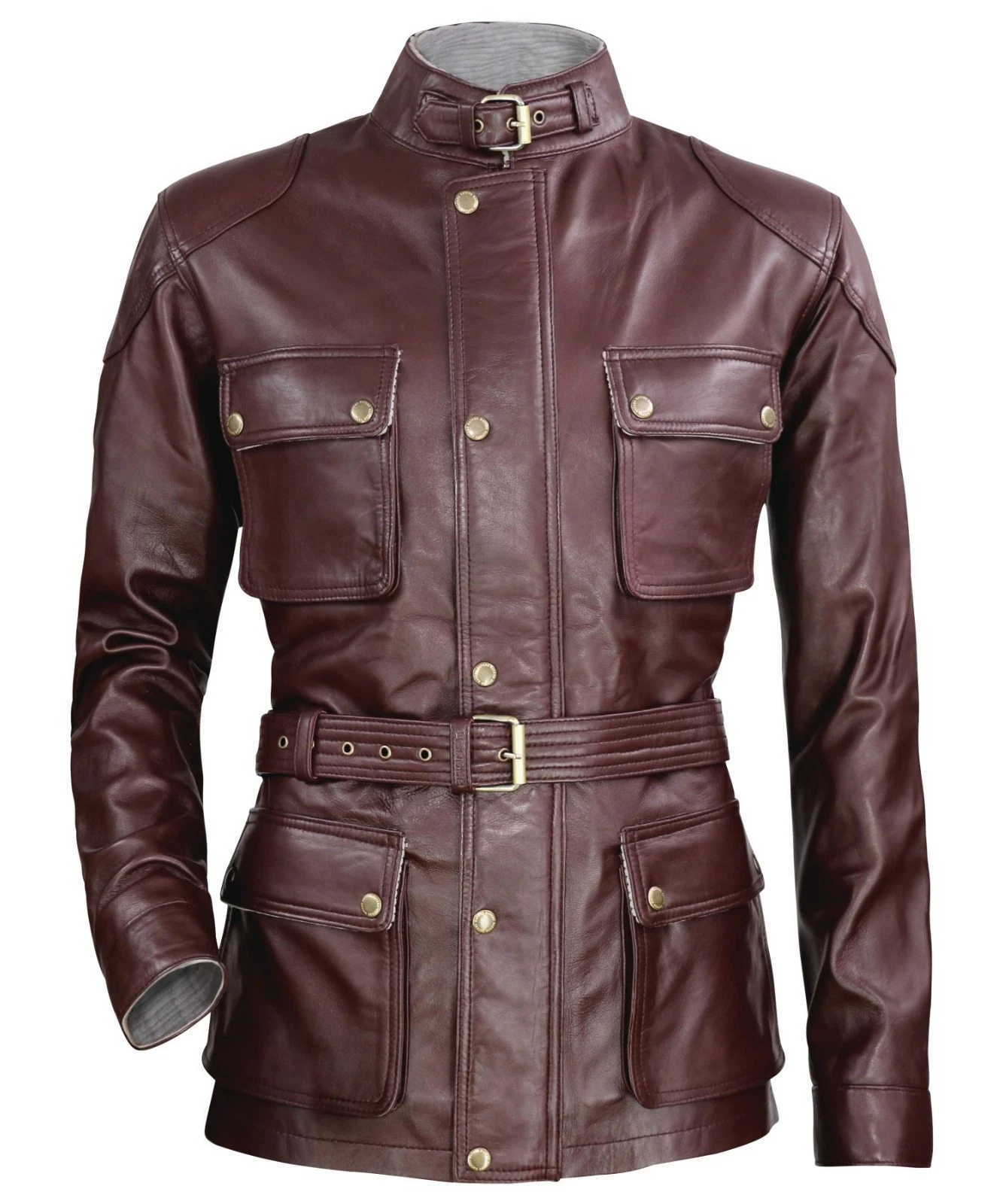 Men's Motorcycle Burgundy Maroon Leather Jacket Genuine Lambskin Panther Style
