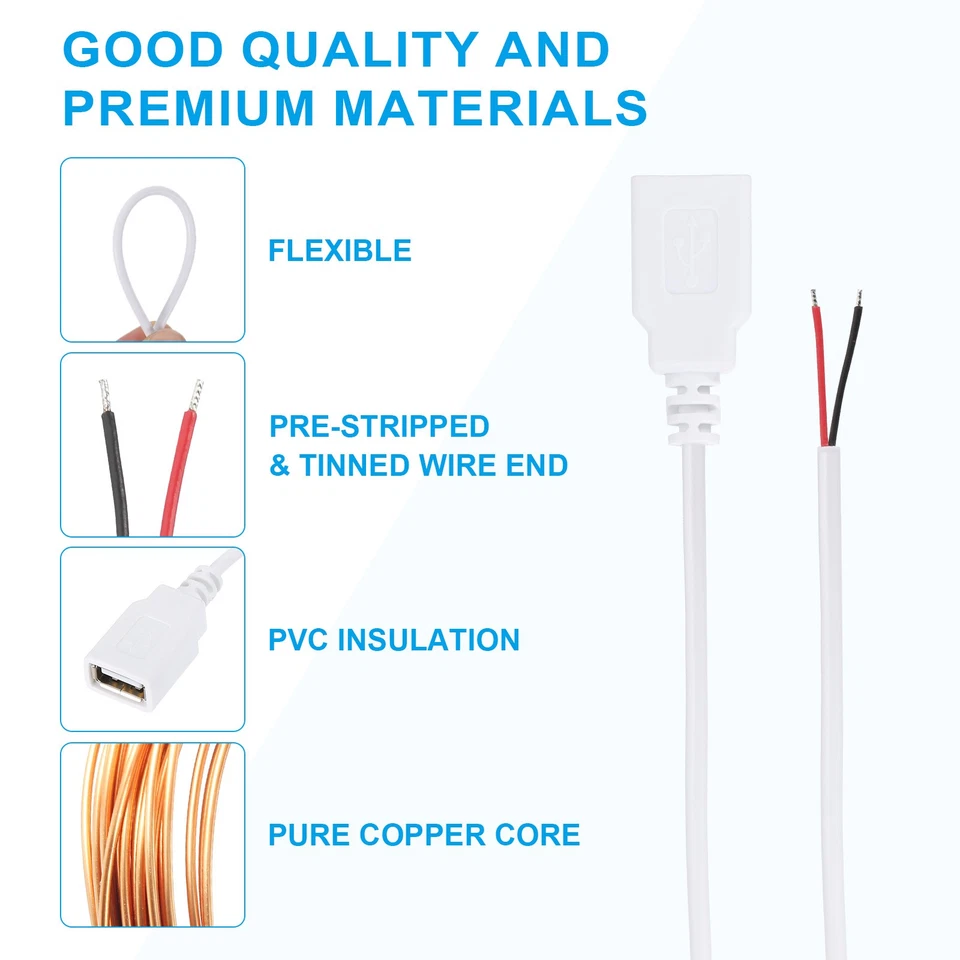 6.56Ft USB Female to 2 Pin Bare Wire Pigtail Cable, 3pcs 22AWG Power Cords White - Image 3 of 4