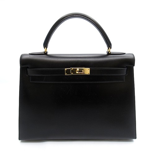 HERMES Kelly 32 outside sewing Box scarf Handbag black USED