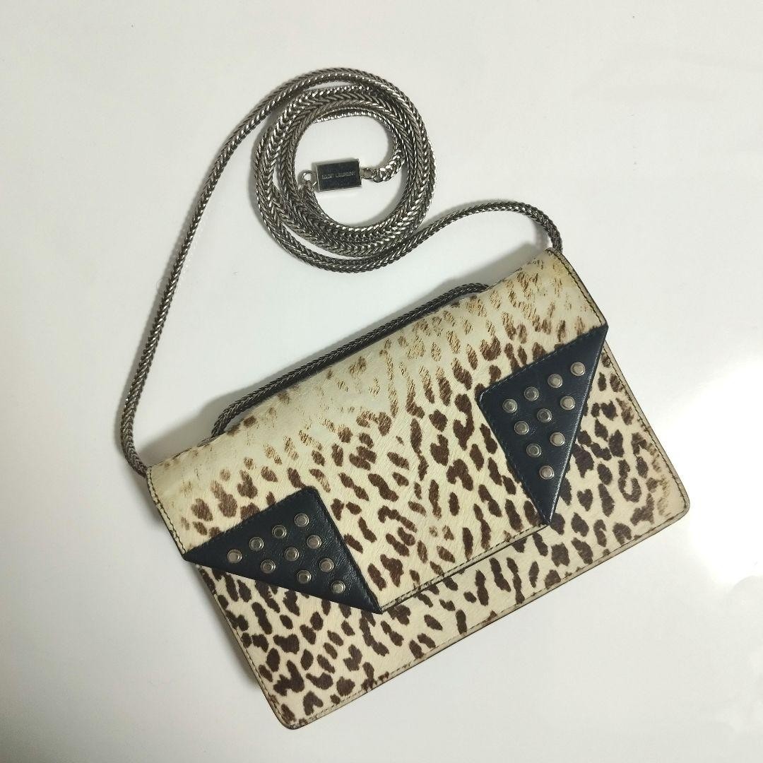 Borsa a tracolla YVES SAINT LAURENT Paris catena stampa leopardata pelle nera x marrone